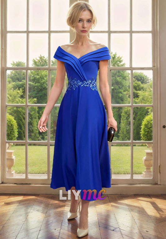 Off-Shoulder Strapless Chiffon Appliques Pleated A-Line Mother of Bride Dress Cocktail Dress