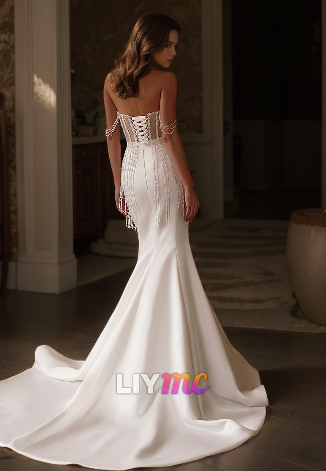 Off-Shoulder Strapless Corset Sleek Frindge Beaded Mermaid Wedding Dress