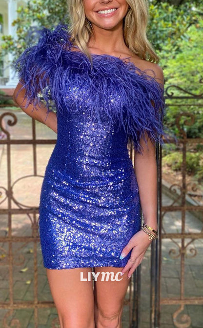 LY080 - Off-Shoulder Strapless Feathered Sheath Sparkly Short Homecoming Graduation Dress