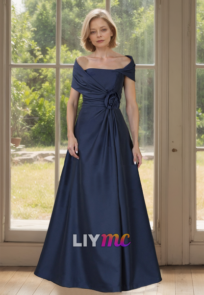 Off-Shoulder Strapless Floral Embellished Pleated A-Line Mother of Bride Dress