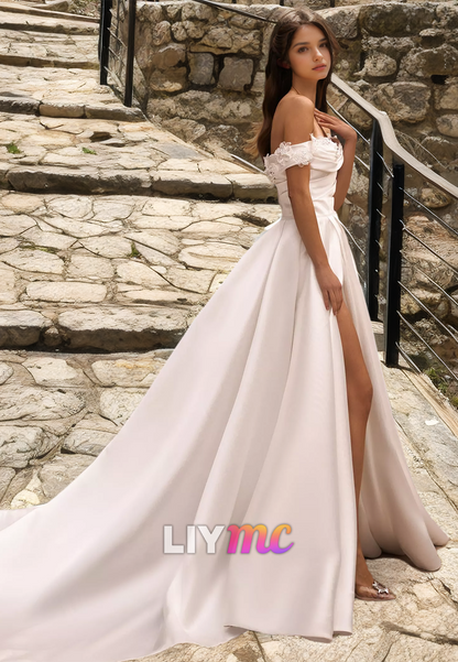 Off-Shoulder Strapless Floral Embellished Pleated Satin A-Line Wedding Dress