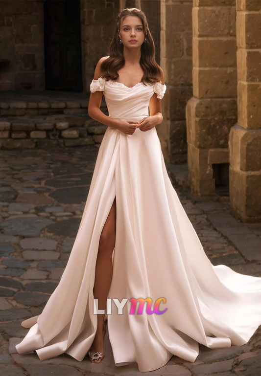 Off-Shoulder Strapless Floral Embellished Pleated Satin A-Line Wedding Dress