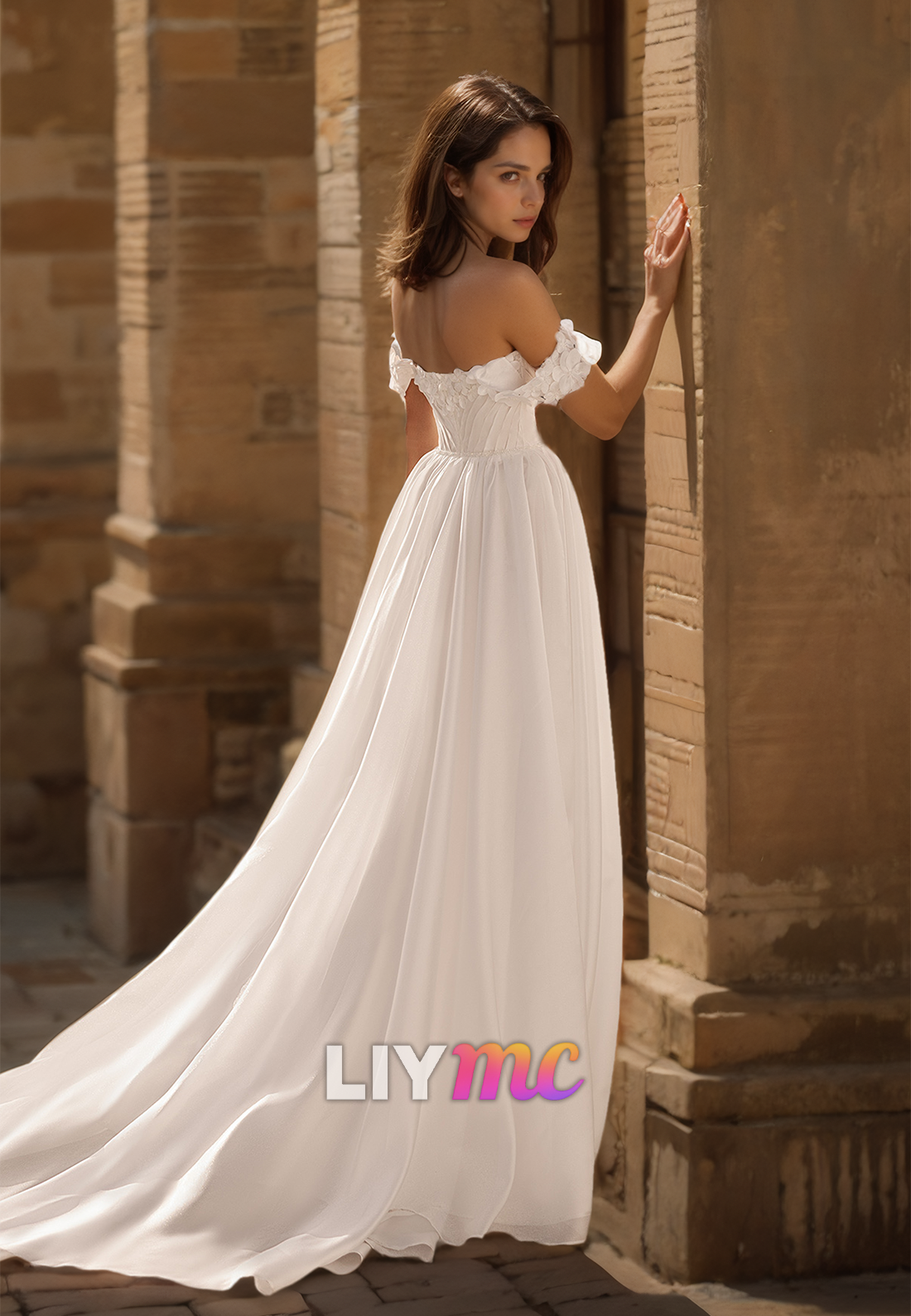 Off-Shoulder Strapless Floral Embellished Sleek A-Line Beach Wedding Dress