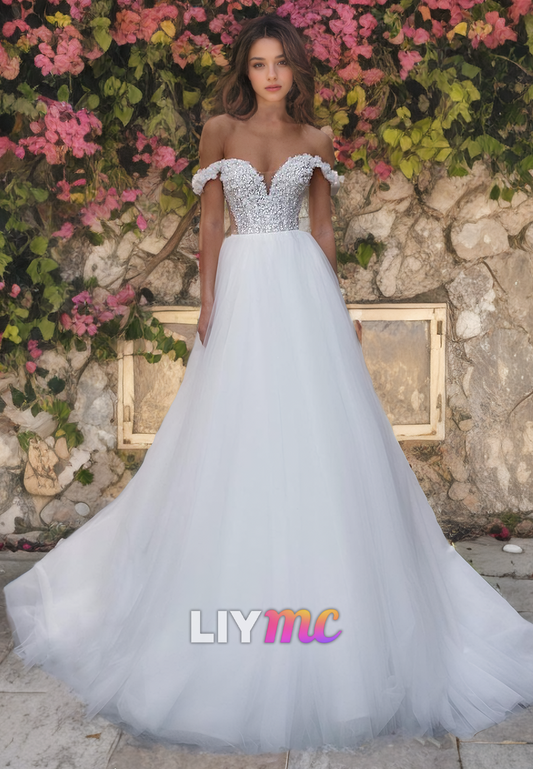 Off-Shoulder Strapless Floral Embellished Tulle A-Line Weding Dress