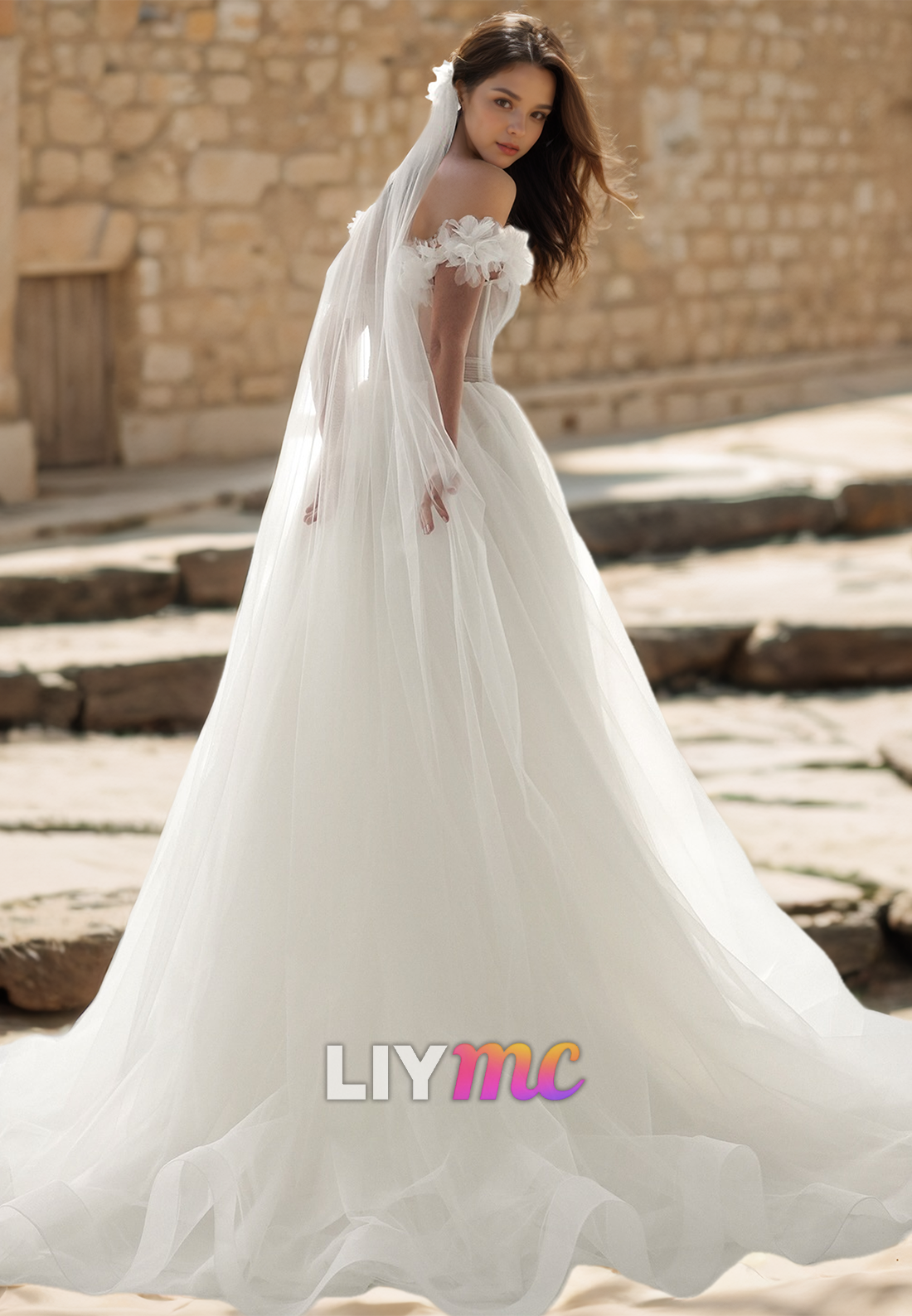 Off-Shoulder Strapless Floral Embellished Tulle Ball Gown Wedding Dress