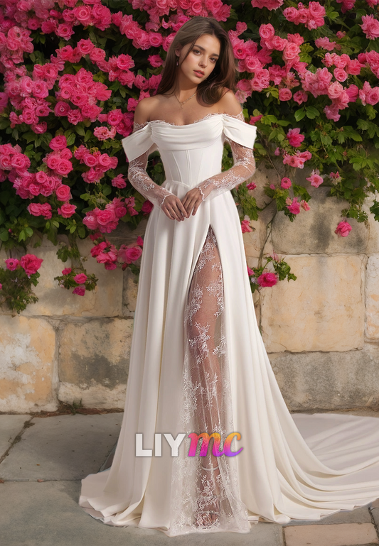 Off-Shoulder Strapless High Slit Appliques A-Line Wedding Dress