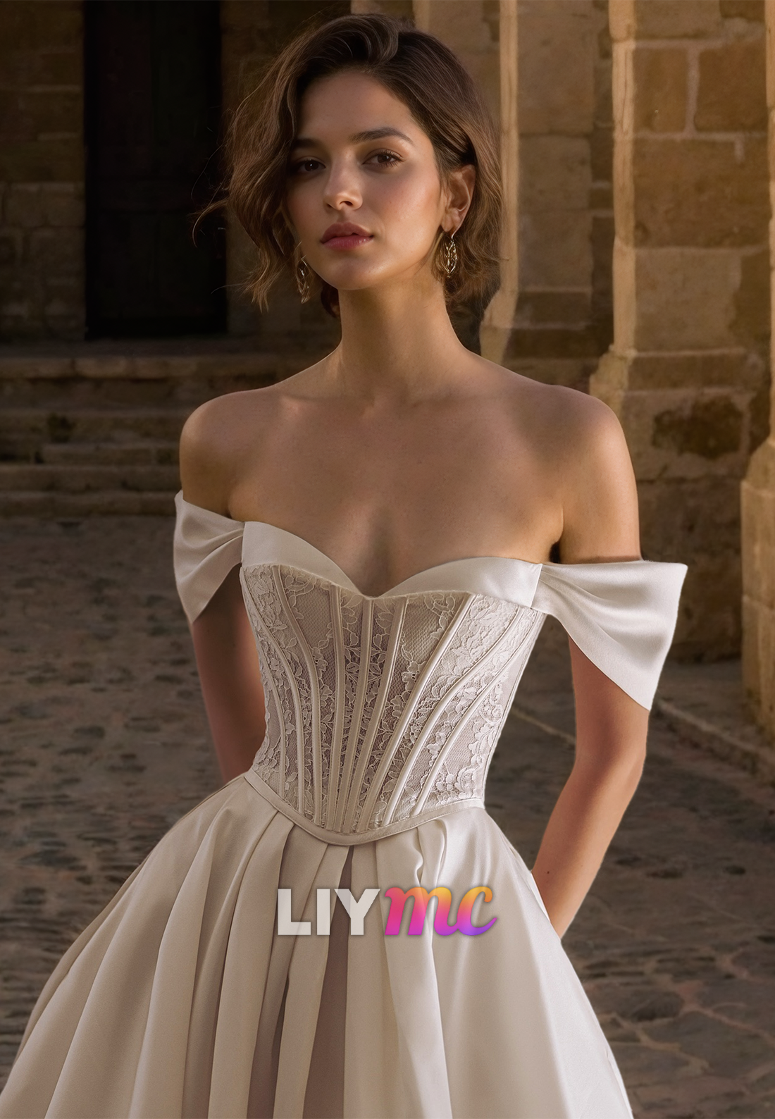 Off-Shoulder Strapless Lace Appliques Corset Pleated A-Line Wedding Dress