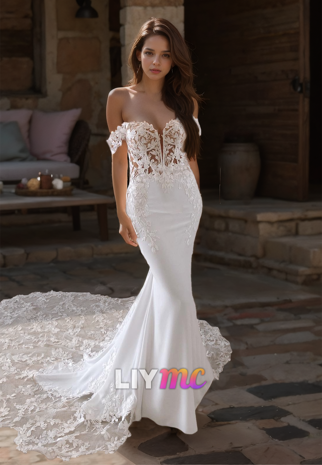 Off-Shoulder Strapless Lace Appliques Sleek Mermaid Wedding Dress