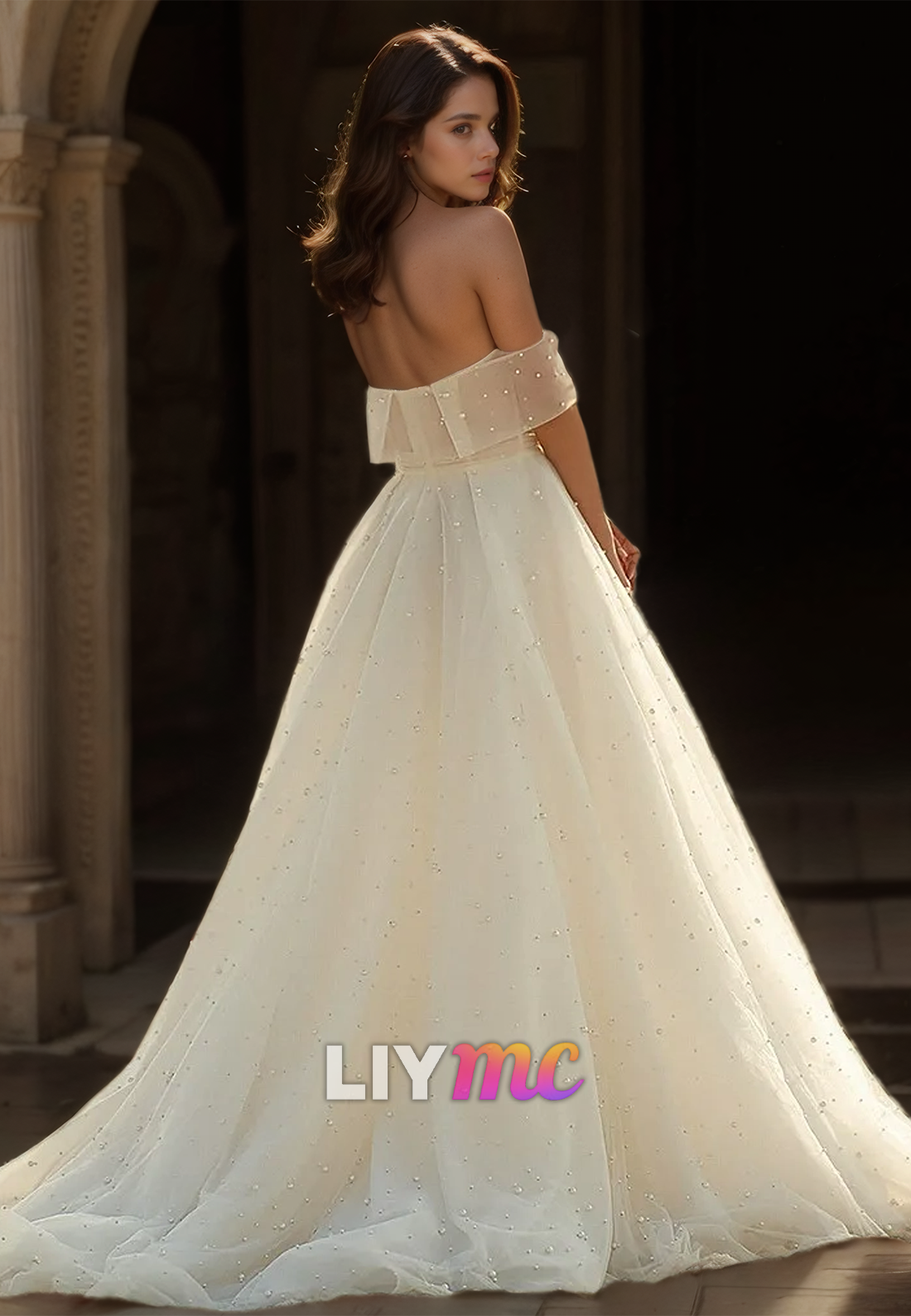 Off-Shoulder Strapless Pearl Beaded Pleated A-Line Elegant Wedding Dress