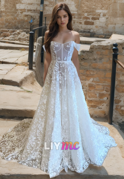 Off-Shoulder Strapless Pleated Appliques A-Line Wedding Dress