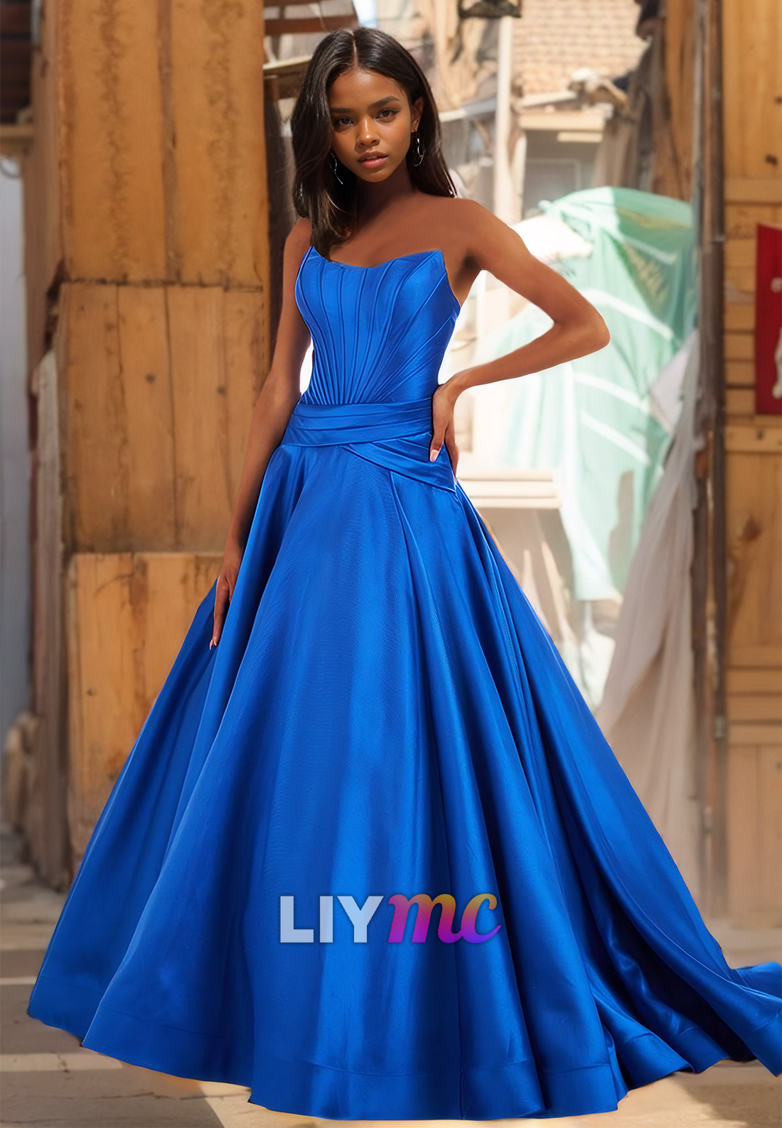 Off-Shoulder Strapless Pleated Corset A-Line Satin Prom Dress