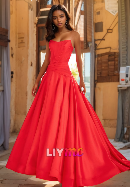 Off-Shoulder Strapless Pleated Corset A-Line Satin Prom Dress