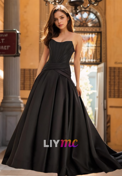 Off-Shoulder Strapless Pleated Corset A-Line Satin Prom Dress