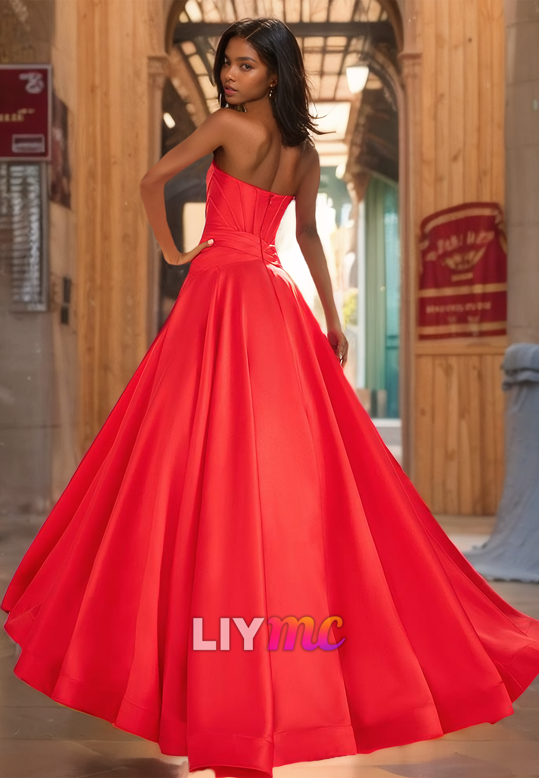 Off-Shoulder Strapless Pleated Corset A-Line Satin Prom Dress