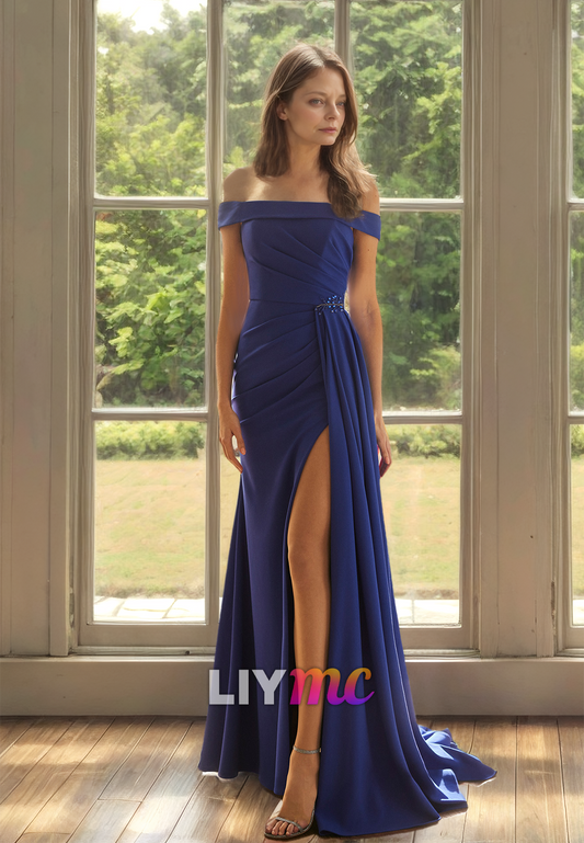 M1303 - Off-Shoulder Strapless Sleek Satin Pleated A-Line Mother of Bride Dress Cocktail Dress