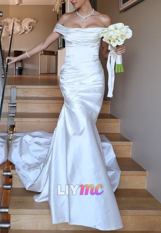 Off-Shoulder Strapless Pleated Sleek Mermaid Wedding Dress