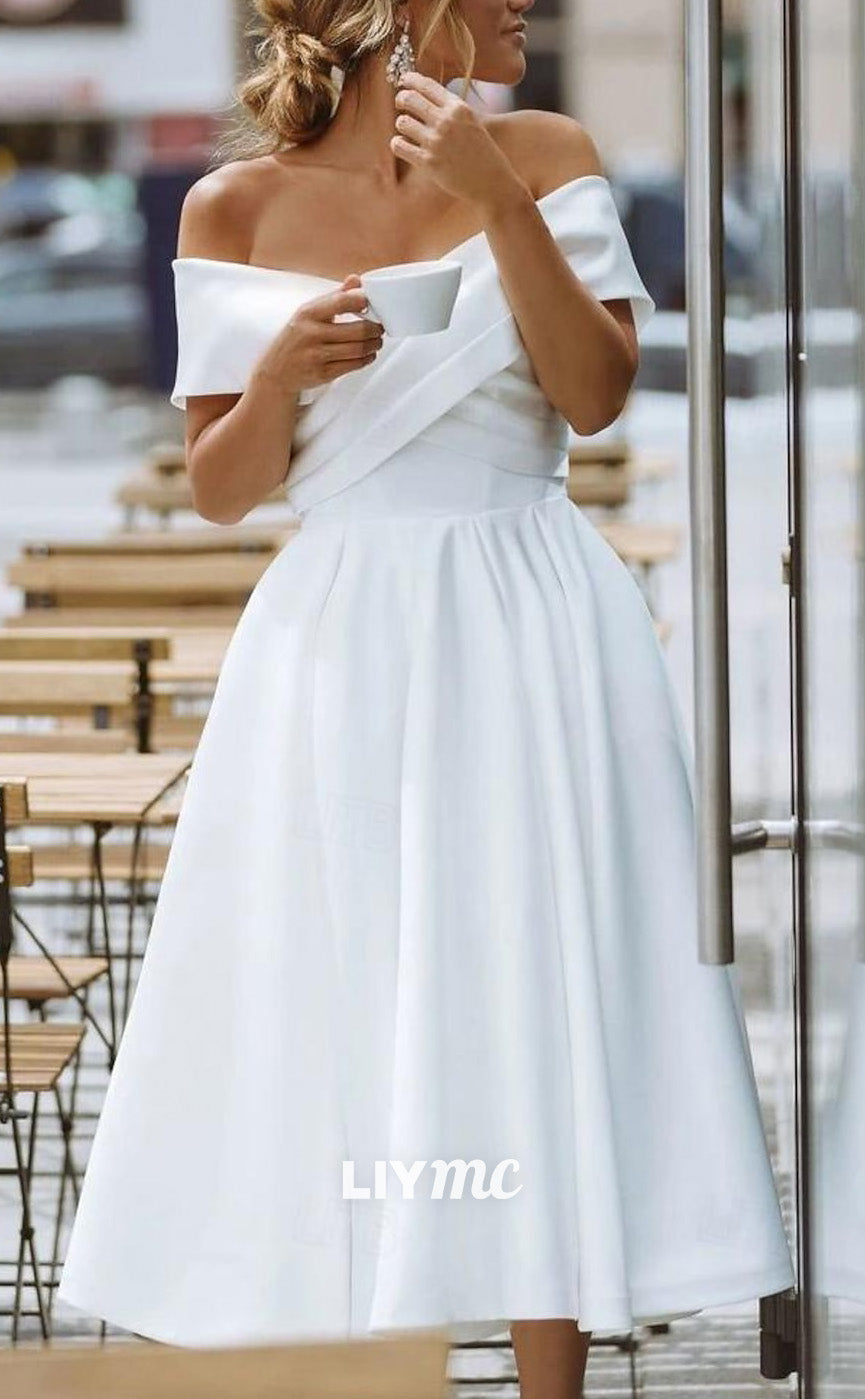 LW692 - Off-Shoulder Strapless Pleated Sleek Satin A-Line Beach Wedding Dress