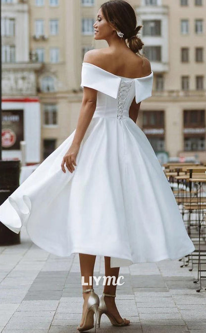 LW692 - Off-Shoulder Strapless Pleated Sleek Satin A-Line Beach Wedding Dress