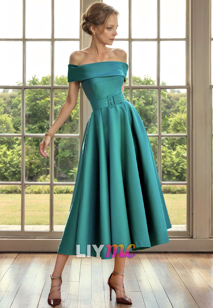 Off-Shoulder Strapless Pleated Sleek Satin A-Line Mother of Bride Dress Cocktail Dress