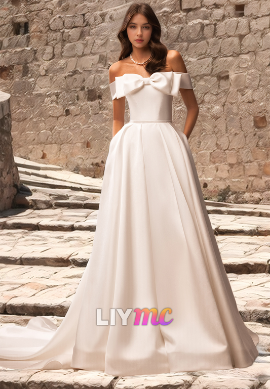 Off-Shoulder Strapless Pleated Sleek Satin A-Line Wedding Dress