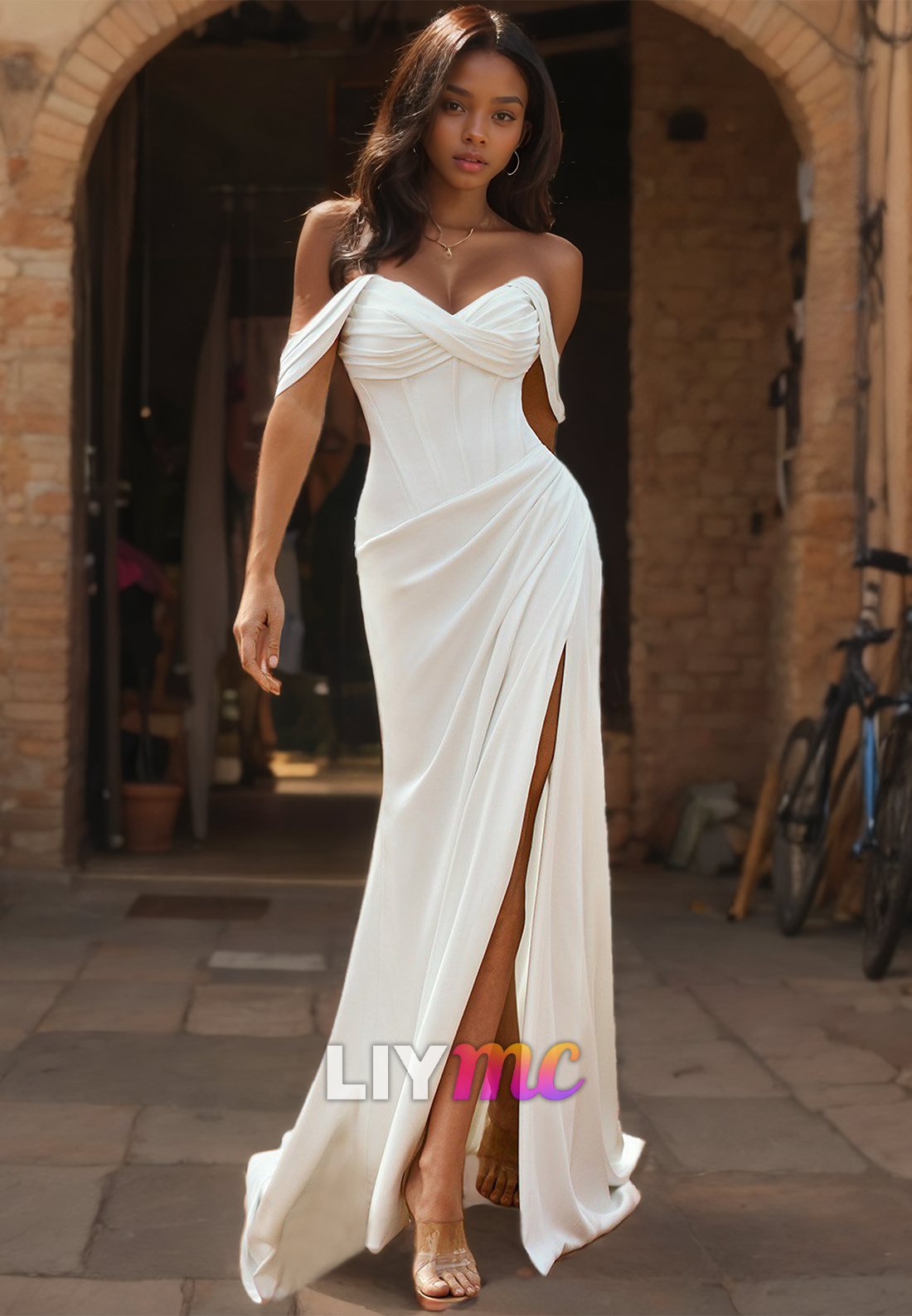 Off-Shoulder Strapless Ruched High Slit Sheath Beach Wedding Dress