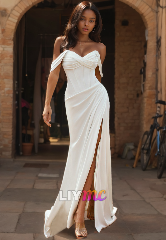 Off-Shoulder Strapless Ruched High Slit Sheath Beach Wedding Dress