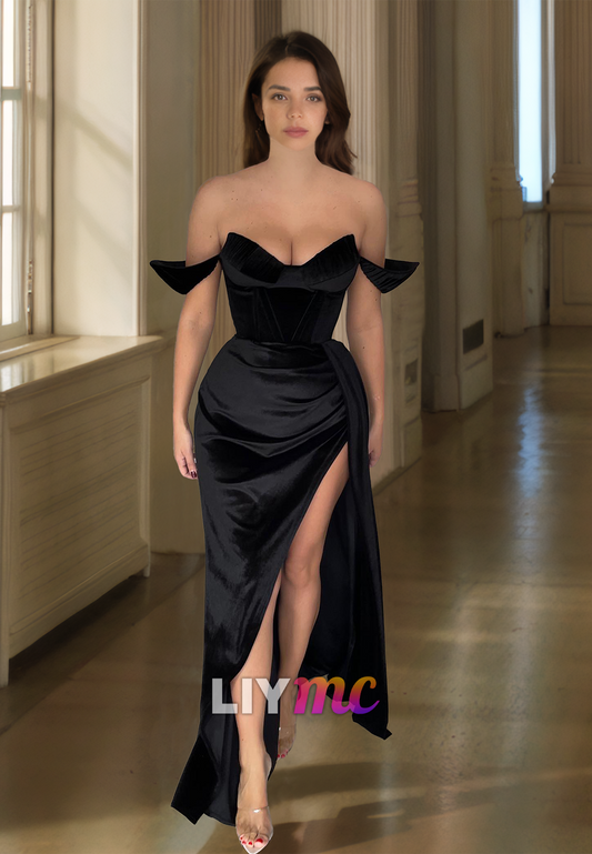 Off-Shoulder Strapless Ruched High Slit Sheath Formal Dress