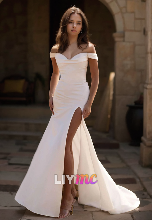 Off-Shoulder Strapless Ruched High Slit Simple Beach Wedding Dress