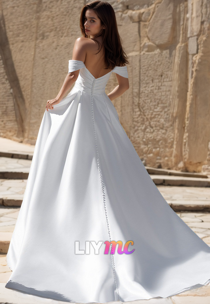 Off-Shoulder Strapless Ruched Pleated Sleek Satin A-Line Wedding Dress