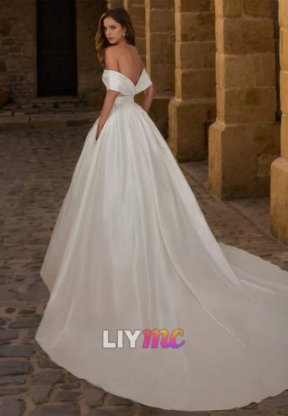 Off-Shoulder Strapless Ruched Satin A-Line Simple Wedding Dress