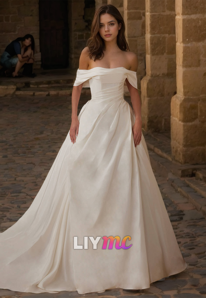 Off-Shoulder Strapless Ruched Satin A-Line Simple Wedding Dress