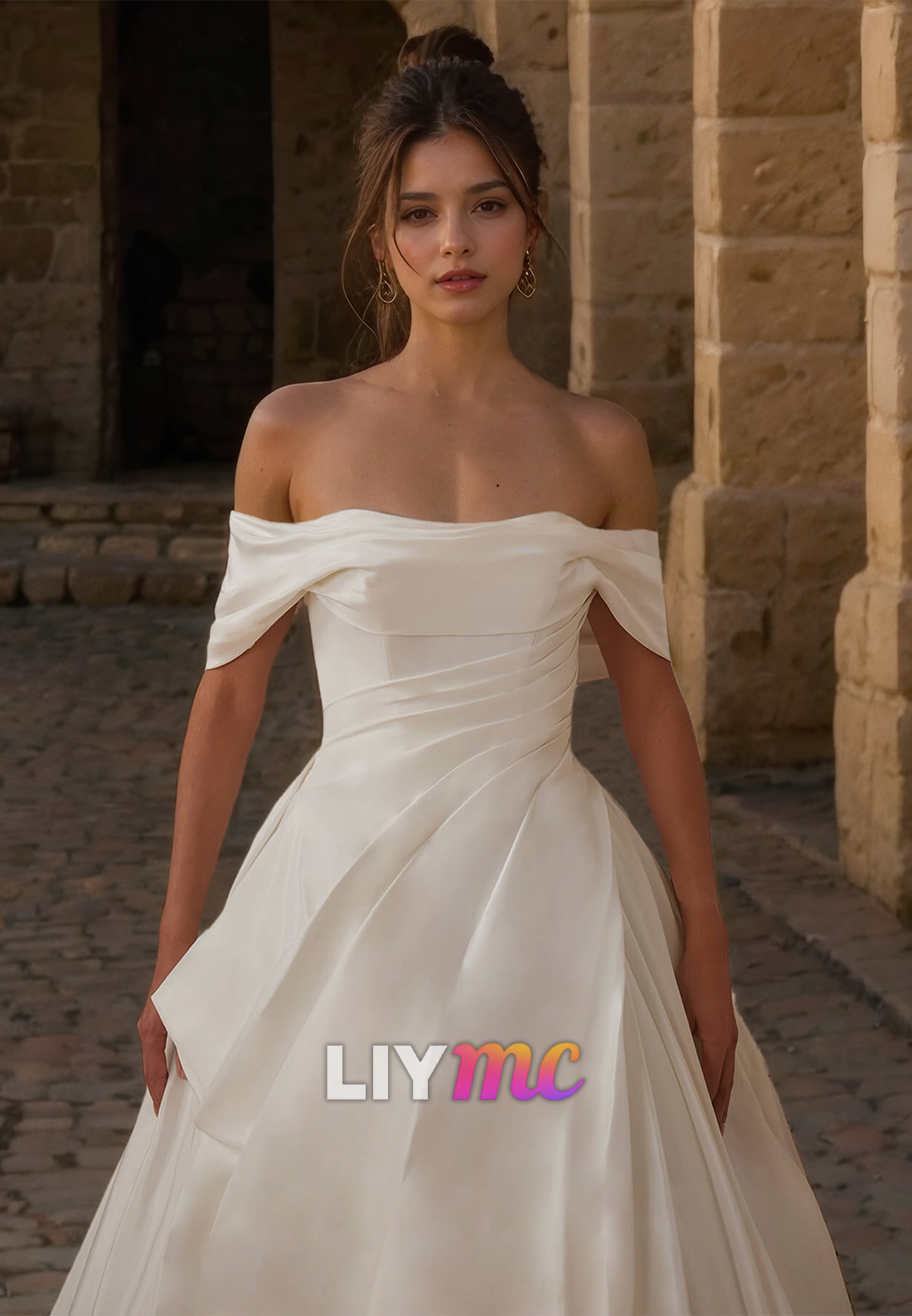 Off-Shoulder Strapless Ruched Satin A-Line Simple Wedding Dress