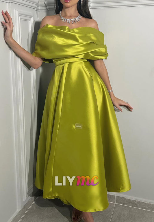 Off-Shoulder Strapless Satin A-Line Midi Formal Dress