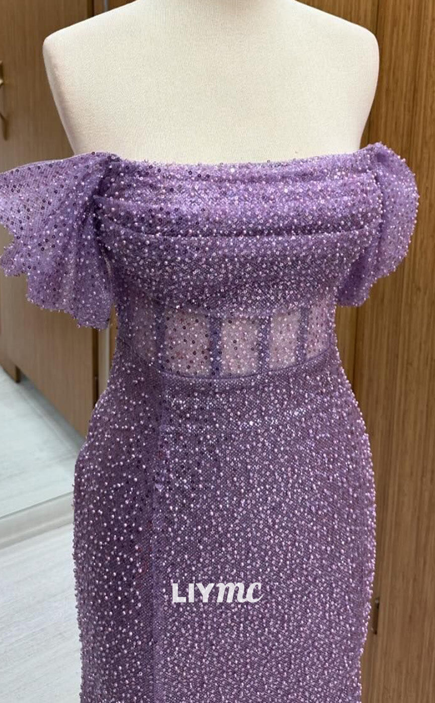 LP2258 - Off-Shoulder Strapless Sheer Sequins Sparkly Cocktail Dress