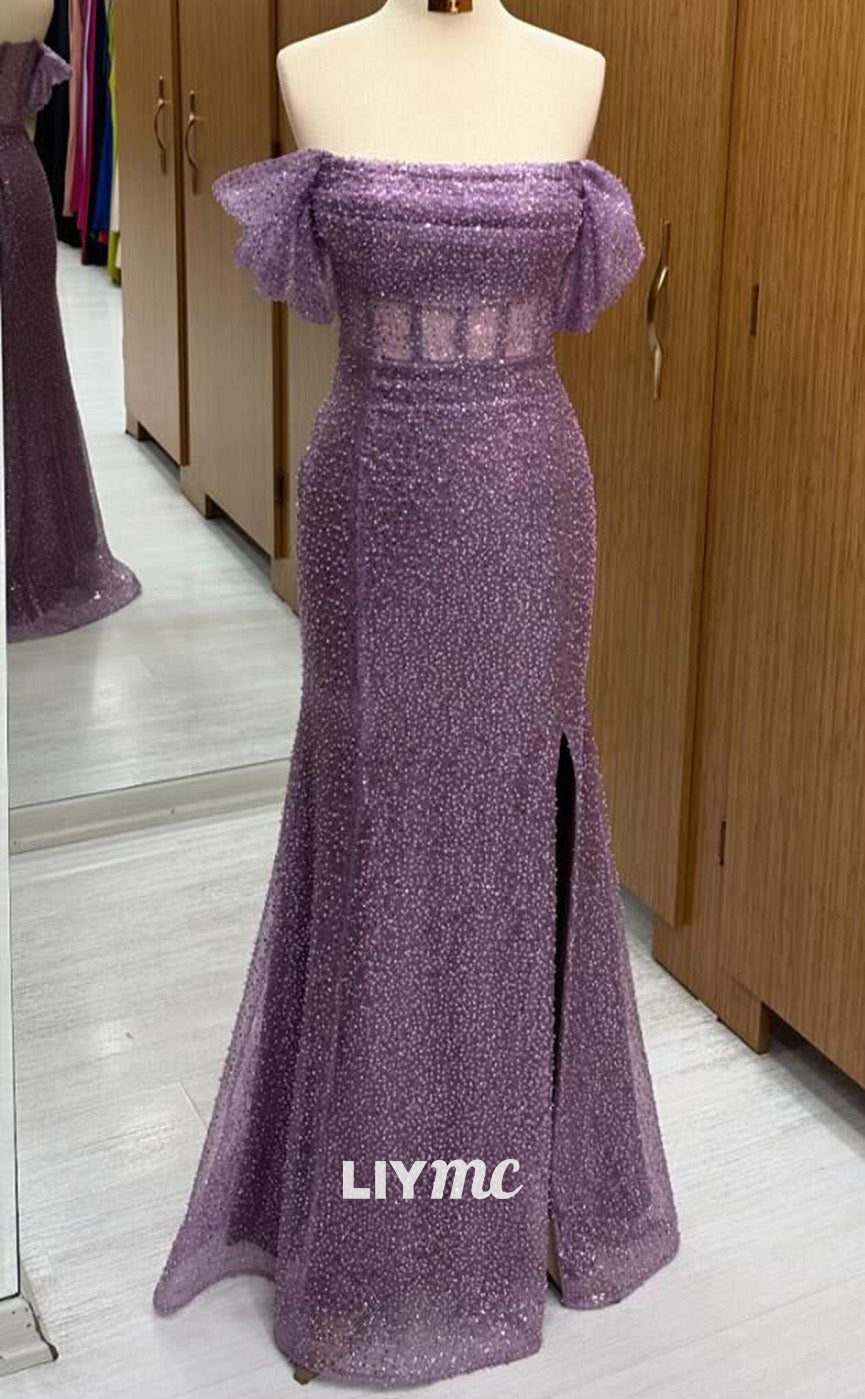 LP2258 - Off-Shoulder Strapless Sheer Sequins Sparkly Cocktail Dress