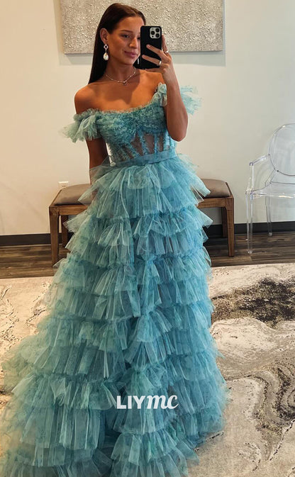 LP2052 - Off-Shoulder Strapless Sheer Tiered Tulle A-Line Ball Gown Prom Dress