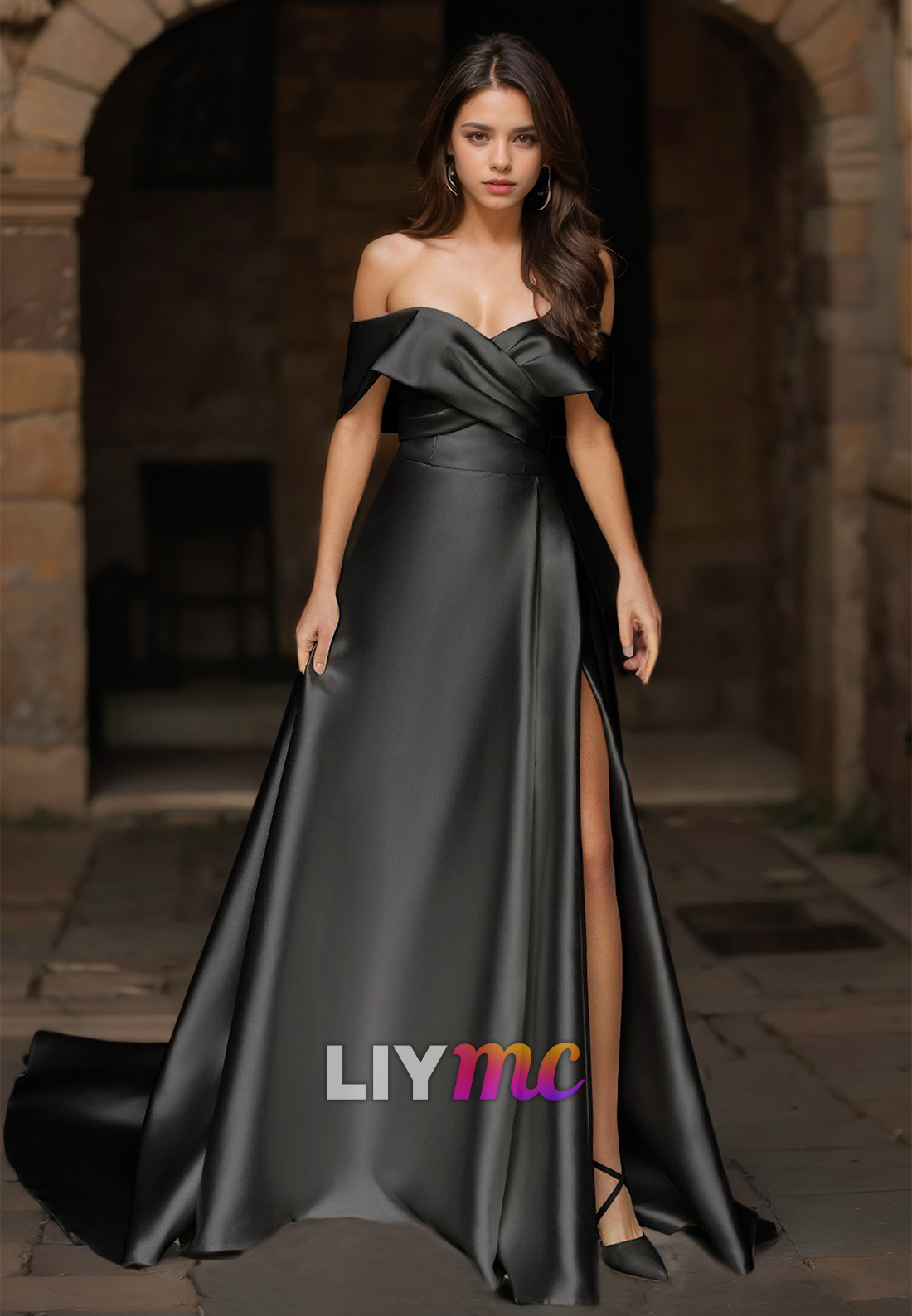 Off-Shoulder Strapless Sleek Satin High Slit A-Line Wedding Dress