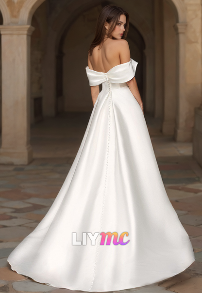 Off-Shoulder Strapless Sleek Satin High Slit A-Line Wedding Dress