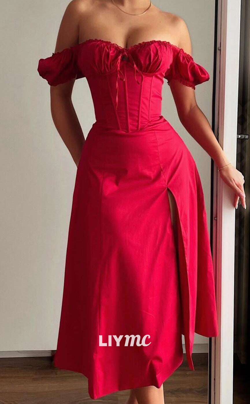 LP2086 - Off-Shoulder Strapless Sleek Satin Red A-Line Prom Dress