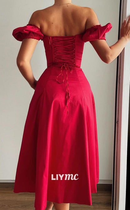 LP2086 - Off-Shoulder Strapless Sleek Satin Red A-Line Prom Dress