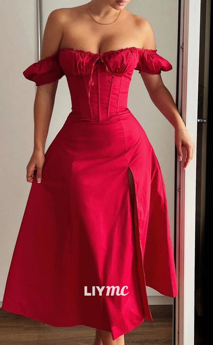 LP2086 - Off-Shoulder Strapless Sleek Satin Red A-Line Prom Dress