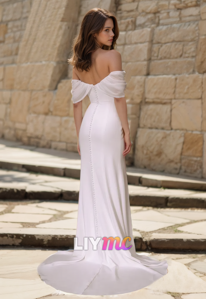 Off-Shoulder Strapless Sleek Satin Side Slit Sheath Wedding Dress