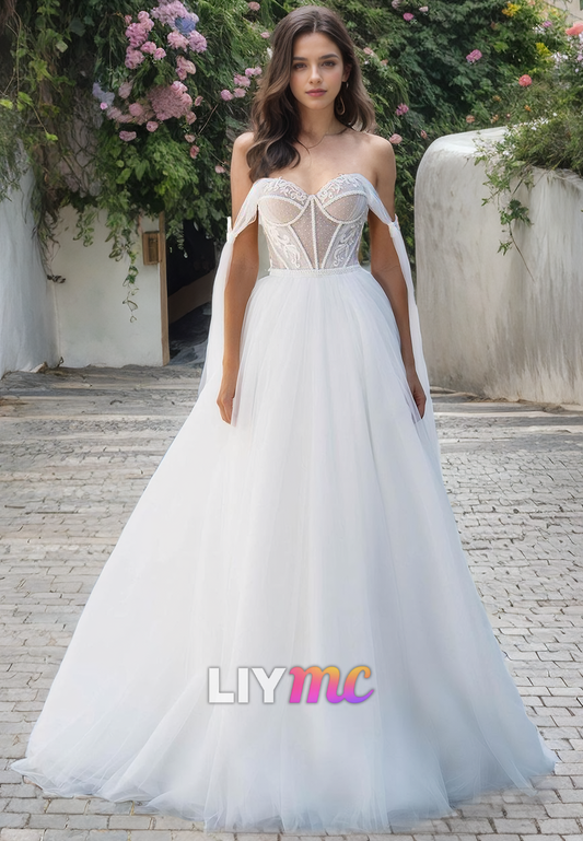 Off-Shoulder Strapless Tulle Ball Gown Wedding Dress