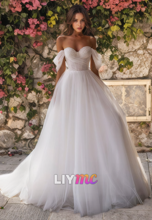 Off-Shoulder Strapless Tulle Beaded A-Line Wedding Dress