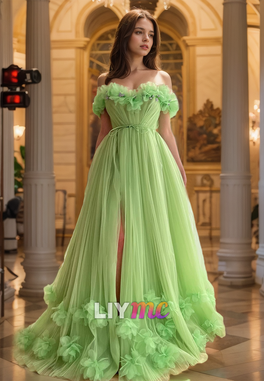 Off-Shoulder Strapless Tulle Floral Embellished A-Line Prom Dress