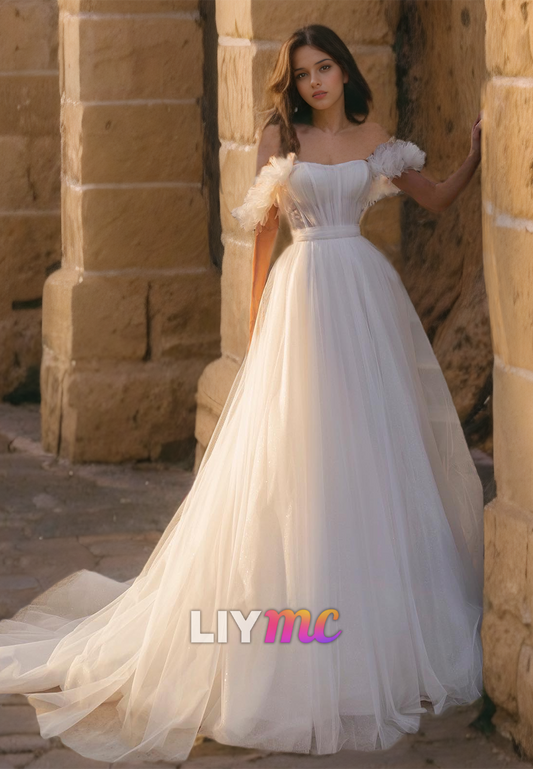 Off-Shoulder Strapless Tulle Pleated A-Line Ball Gown Wedding Dress