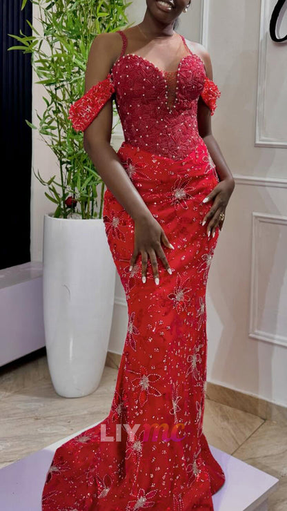 Off-Shoulder  Straps Beaded Embroidery Sparkly Mermaid Prom Dress