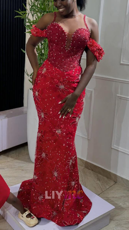 Off-Shoulder  Straps Beaded Embroidery Sparkly Mermaid Prom Dress