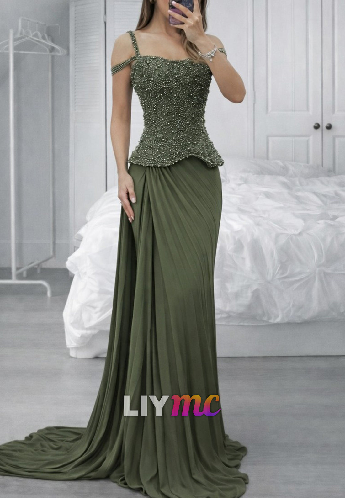 Off-Shoulder Straps Beaded Pleated  Mermaid Evening Dress