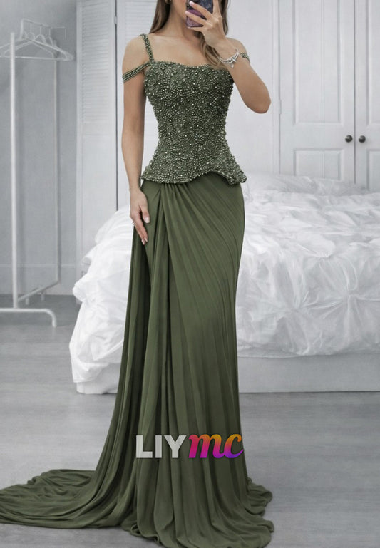 Off-Shoulder Straps Beaded Pleated  Mermaid Evening Dress